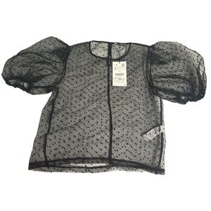 ZARA Sheer Polka Dot Puff Sleeve Blouse Small NWT Black Mesh Top